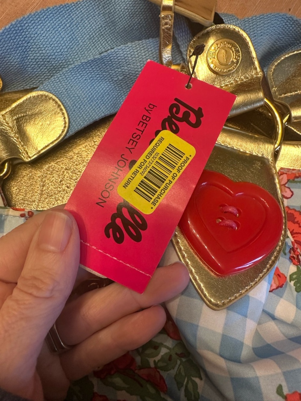 Betsey Johnson Betseyville Blue Gingham Floral Rose Heart Purse Bag Vintage NWT - Picture 3 of 7